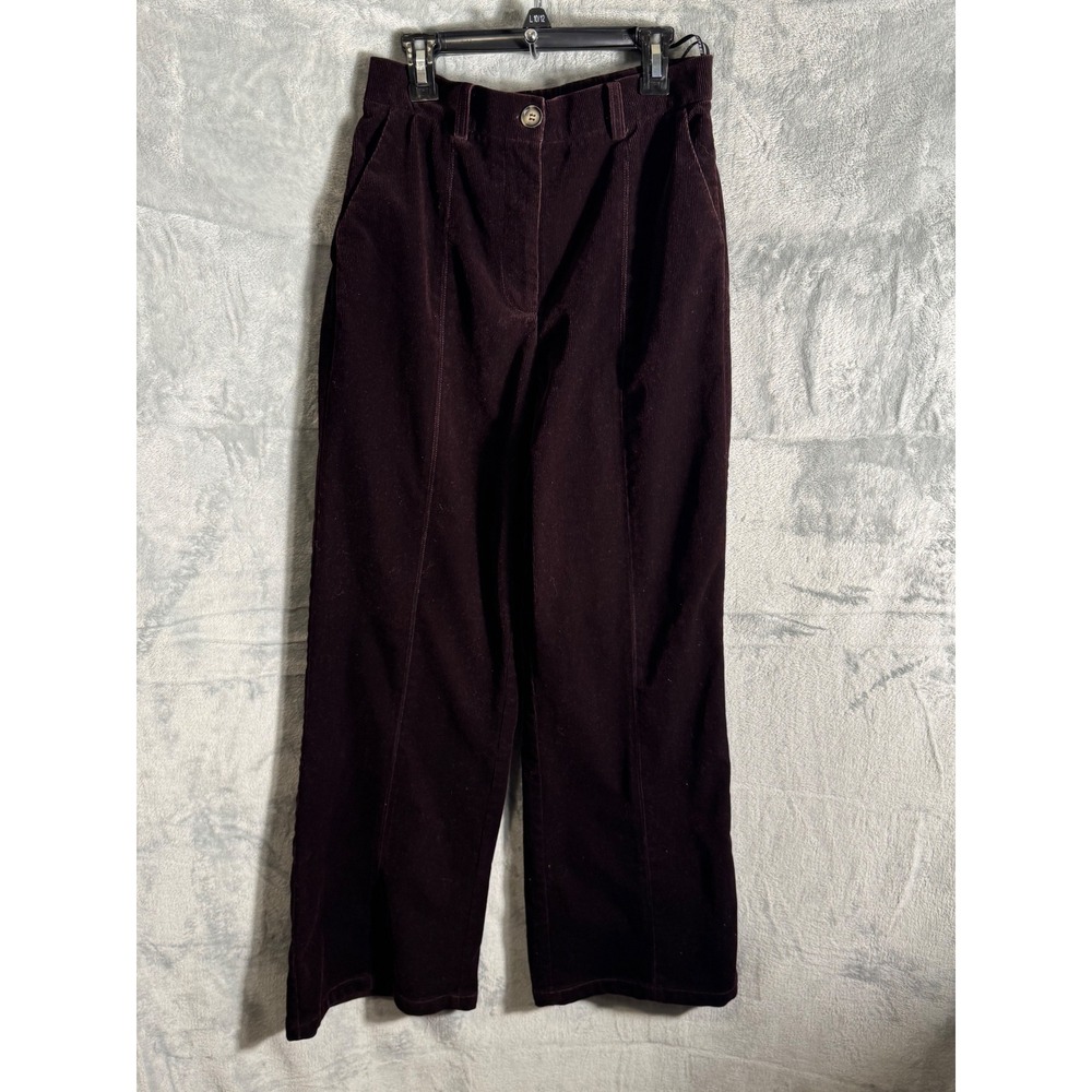FRNCH Paris Velvet Wide Leg Pants Burgundy Size M Elastic Waist pleats corduroy